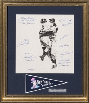 1956 New York Yankees Team Signed 13 1/2 x 13 1/2 Lithograph (17 Signatures) with Vintage Yankees Pennant In 21 x 24 Framed Display Including Berra, Ford & Larsen (PSA/DNA)